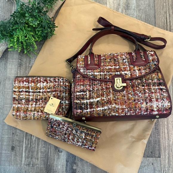 PATRICIA NASH Earth Tone Boucle 3-Piece Set Handbag Wallet Pouch